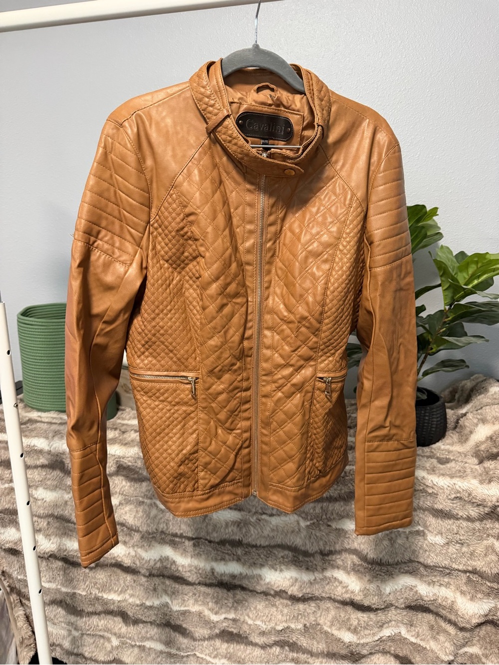 Cavalini Cognac Quilted Leather Moto Jacket